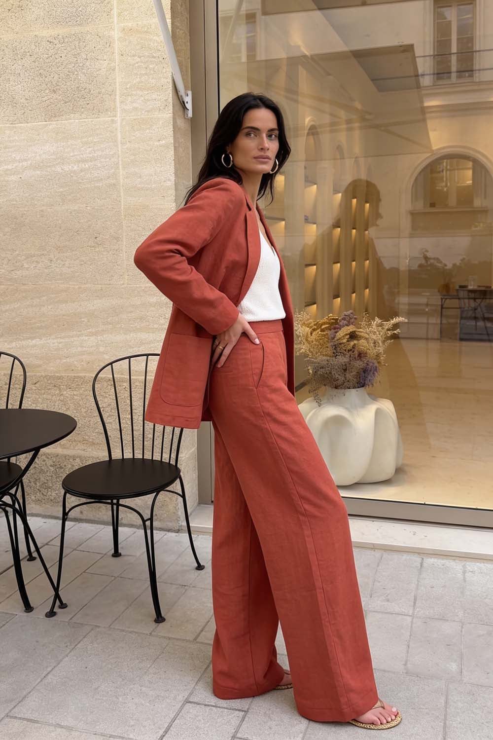 Blazer White Tank Top Wide-Leg Trousers Outfit Idea Blazer White Tank Top Wide-Leg Trousers Outfit Idea — Linen Outfits 2027