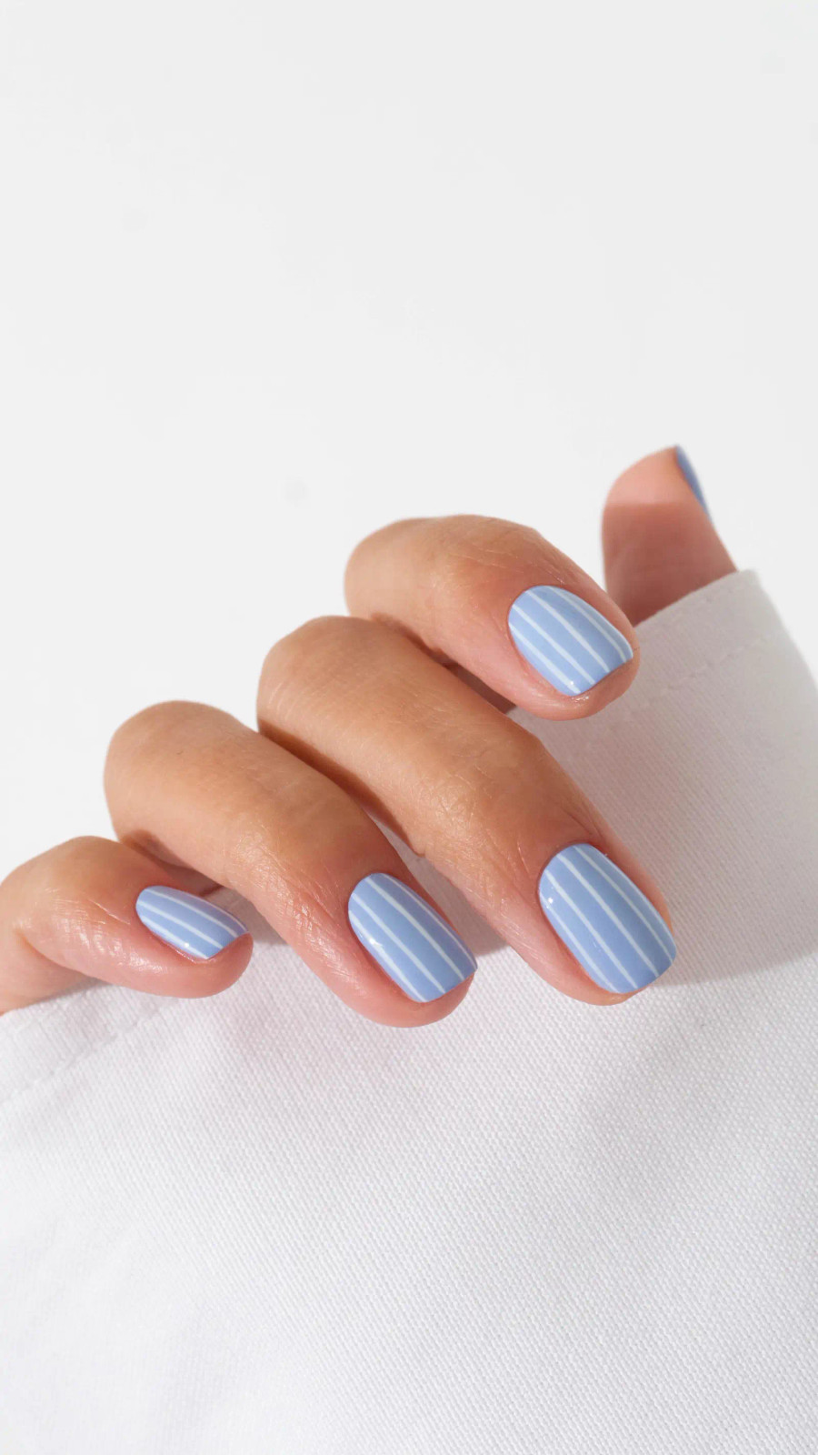 White Stripe Pastel Blue Medium Oval Nails — Nails 2027 for Teens