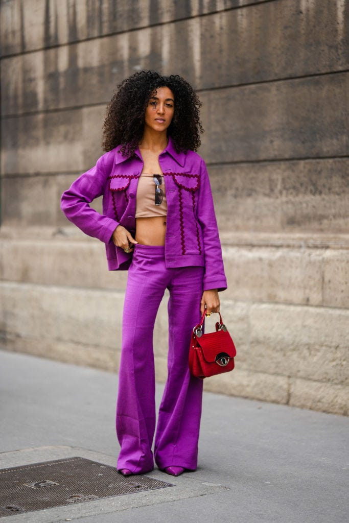 Vibrant Purple Matching Set with Beige Crop Top Vibrant Purple Matching Set with Beige Crop Top — Skinny Flare Pants Outfits 2027
