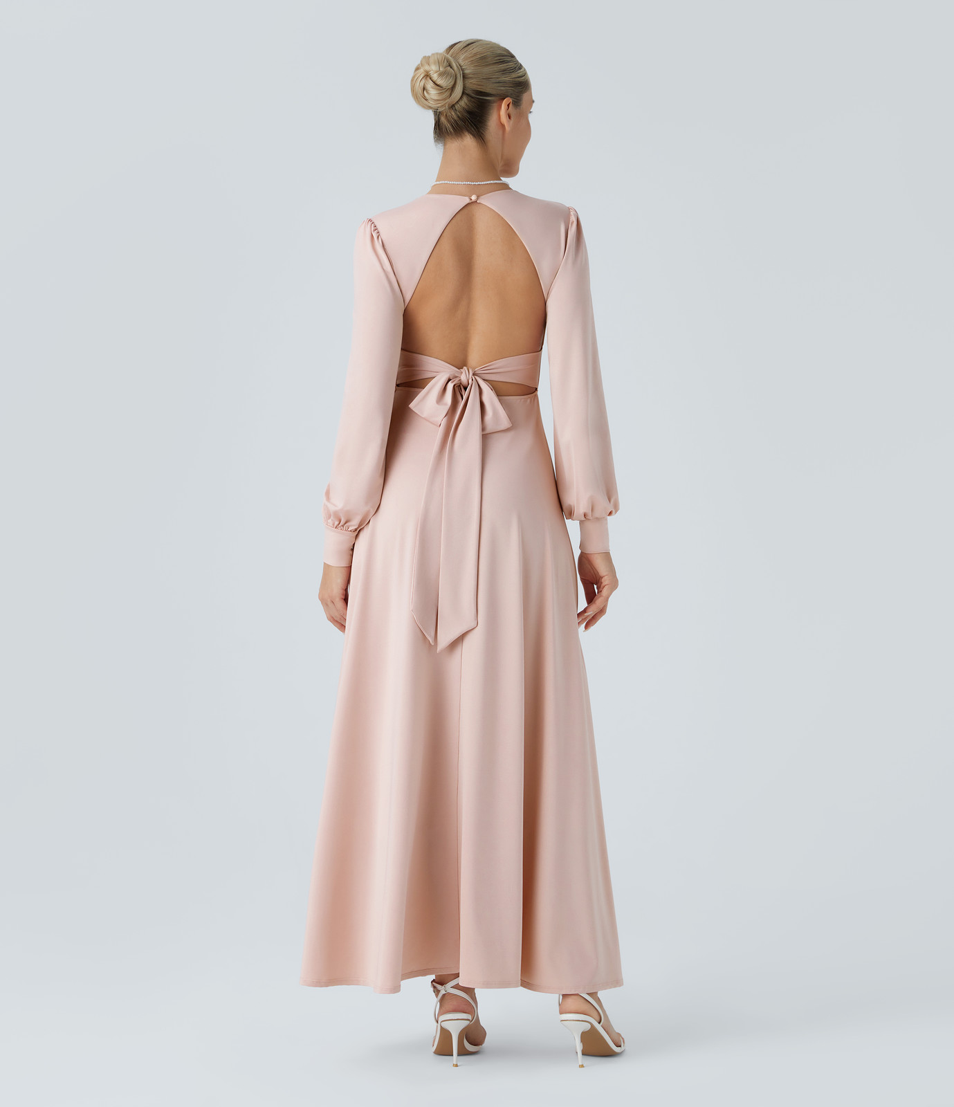 Blush Pink Long-Sleeved Satin Maxi Dress with Open Back Bow — Satin Bridesmaid Dresses 2027