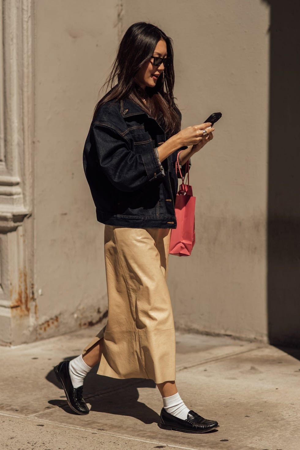 Textural Contrast: Loafers with Leather Skirt and Denim Jacket Textural Contrast: Loafers with Leather Skirt and Denim Jacket — Loafer Outfits 2027