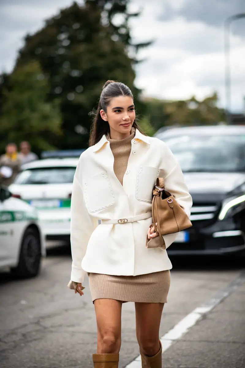 Fitted Belted Jacket with a Knit Turtleneck Dress Fitted Belted Jacket with a Knit Turtleneck Dress — Outfits 2027 for Short Women