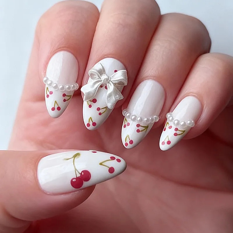 Visual Idea — Accents Include A Small 3D Cherry Charm Visual Idea — Accents Include A Small 3D Cherry Charm — Almond Press On Nails 2027