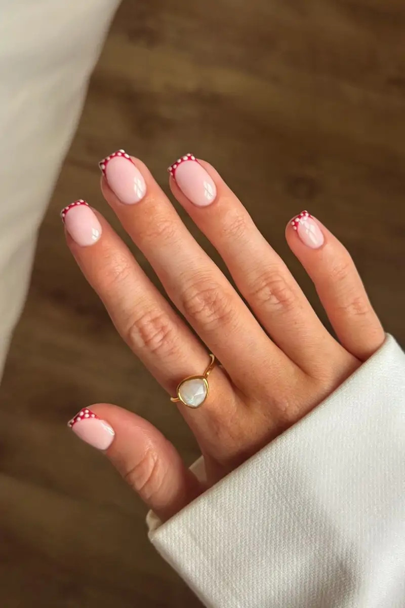 Red Dots Along The French Tip Line Visual Idea Red Dots Along The French Tip Line Visual Idea — Short Square Nails 2027