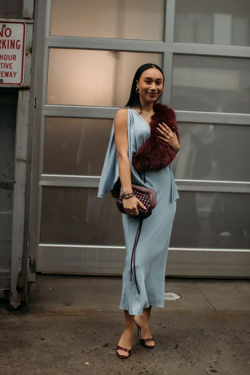 Light Blue Satin Dress with Faux Fur Stole Light Blue Satin Dress with Faux Fur Stole — Wedding Guest Outfits 2027