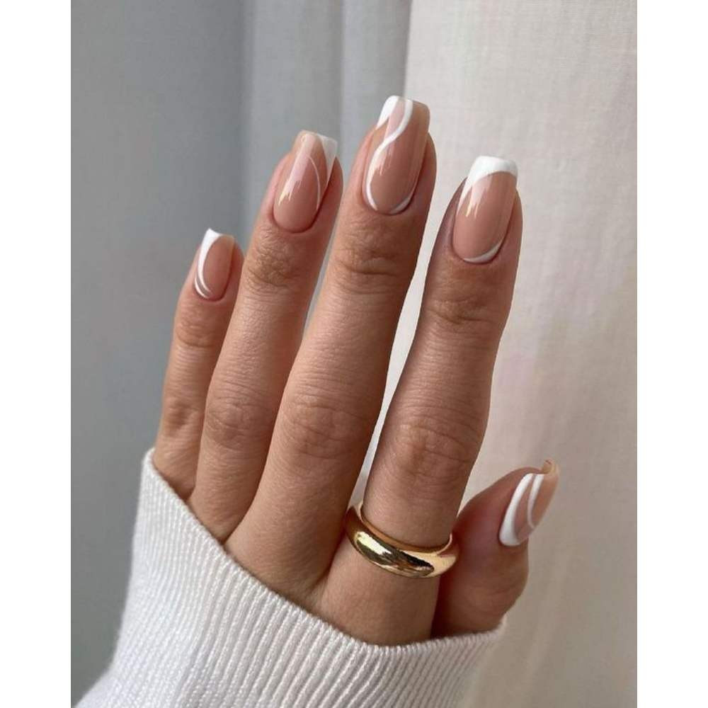 Wavy French Tip on Sheer Nude — Short Wedding Nails 2027