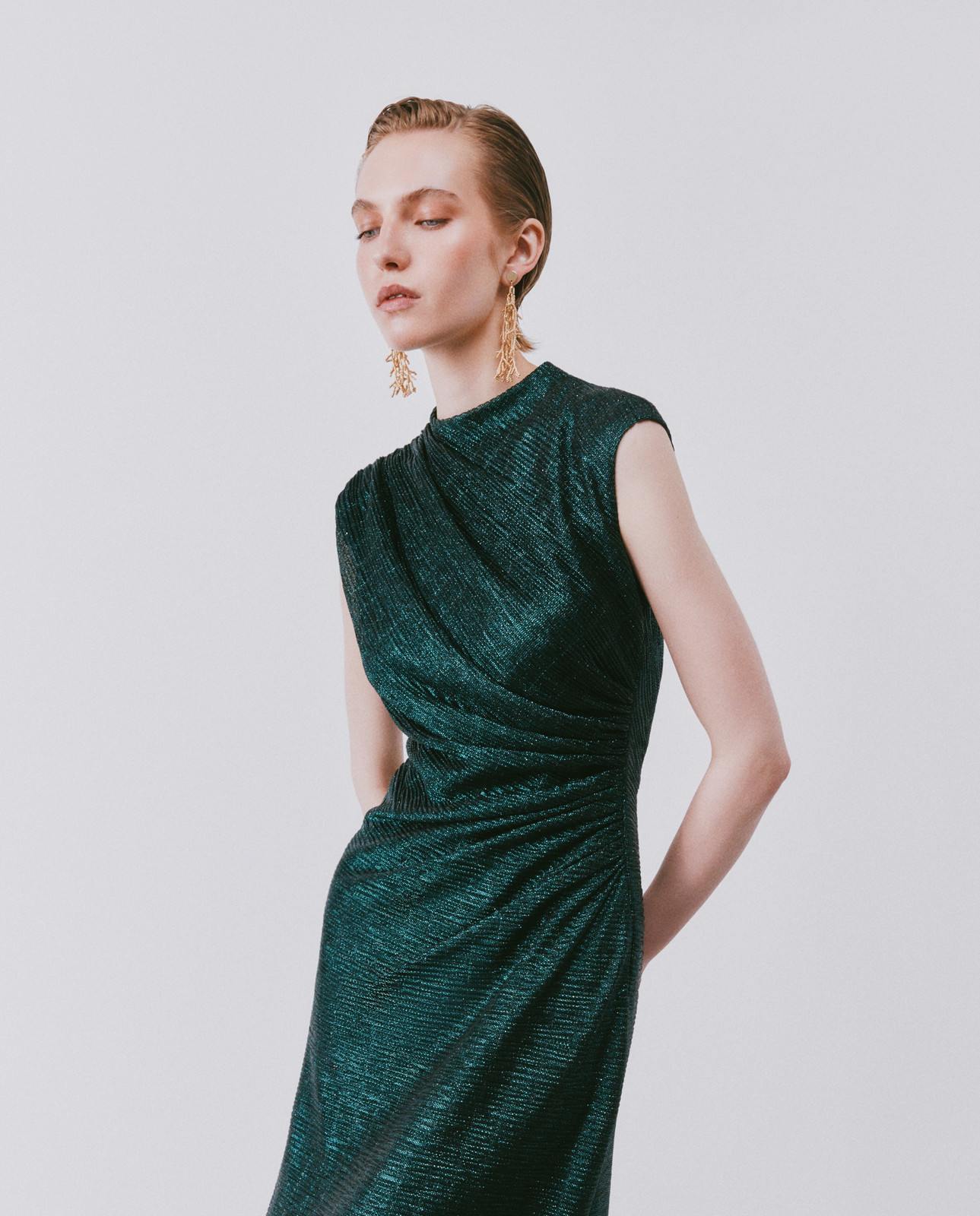 Emerald Green Metallic Maxi Dress with Draped Bodice Emerald Green Metallic Maxi Dress with Draped Bodice — Modest Dresses 2027