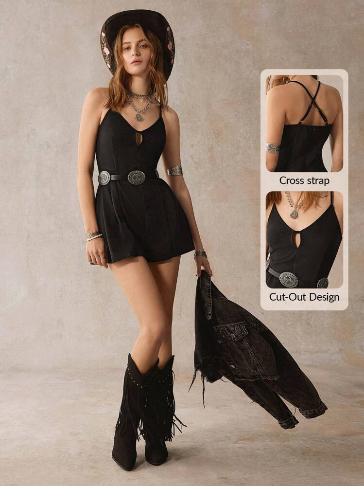 Cut-Out Romper with Fringe Boots and Denim Jacket — Summer Country Concert Outfits 2027