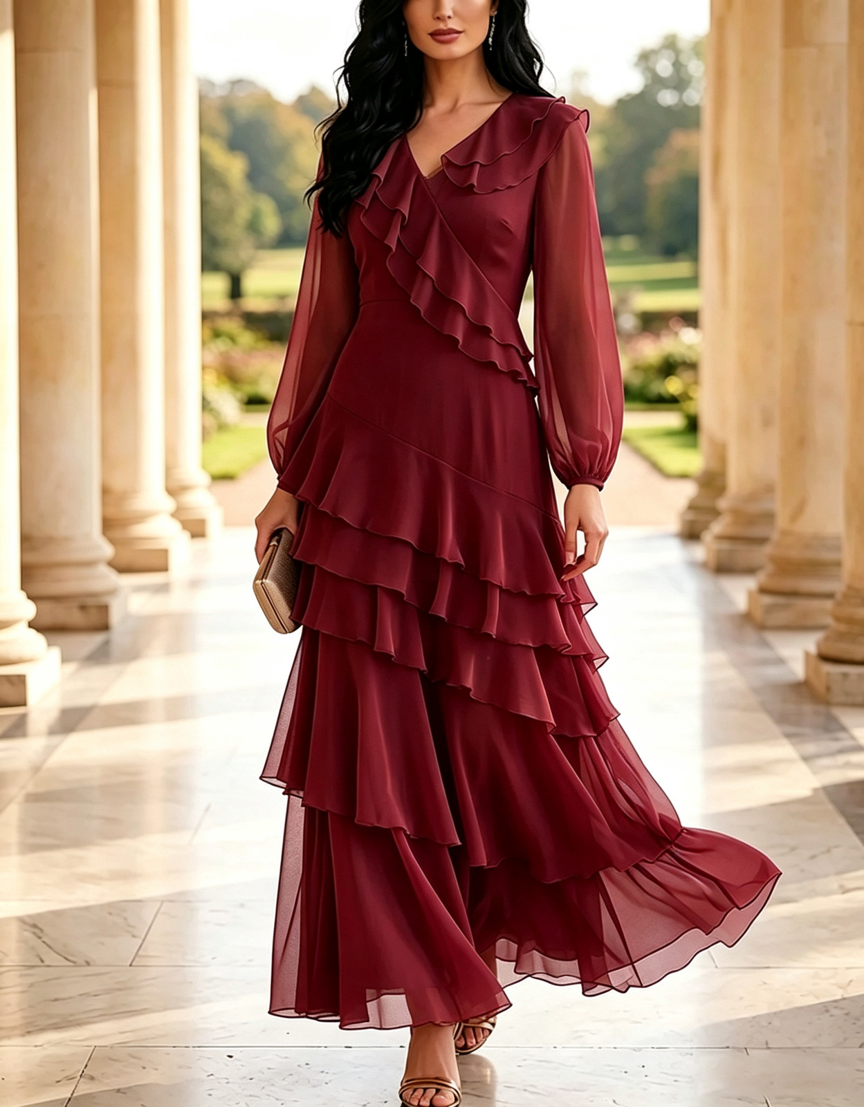 Burgundy Chiffon Maxi Dress with Dramatic Tiered Skirt Burgundy Chiffon Maxi Dress with Dramatic Tiered Skirt — Tiered Dresses 2027