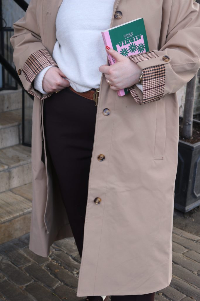 Trench Coat with Checked Cuffs and Brown Trousers Trench Coat with Checked Cuffs and Brown Trousers — Poetcore Outfits 2027