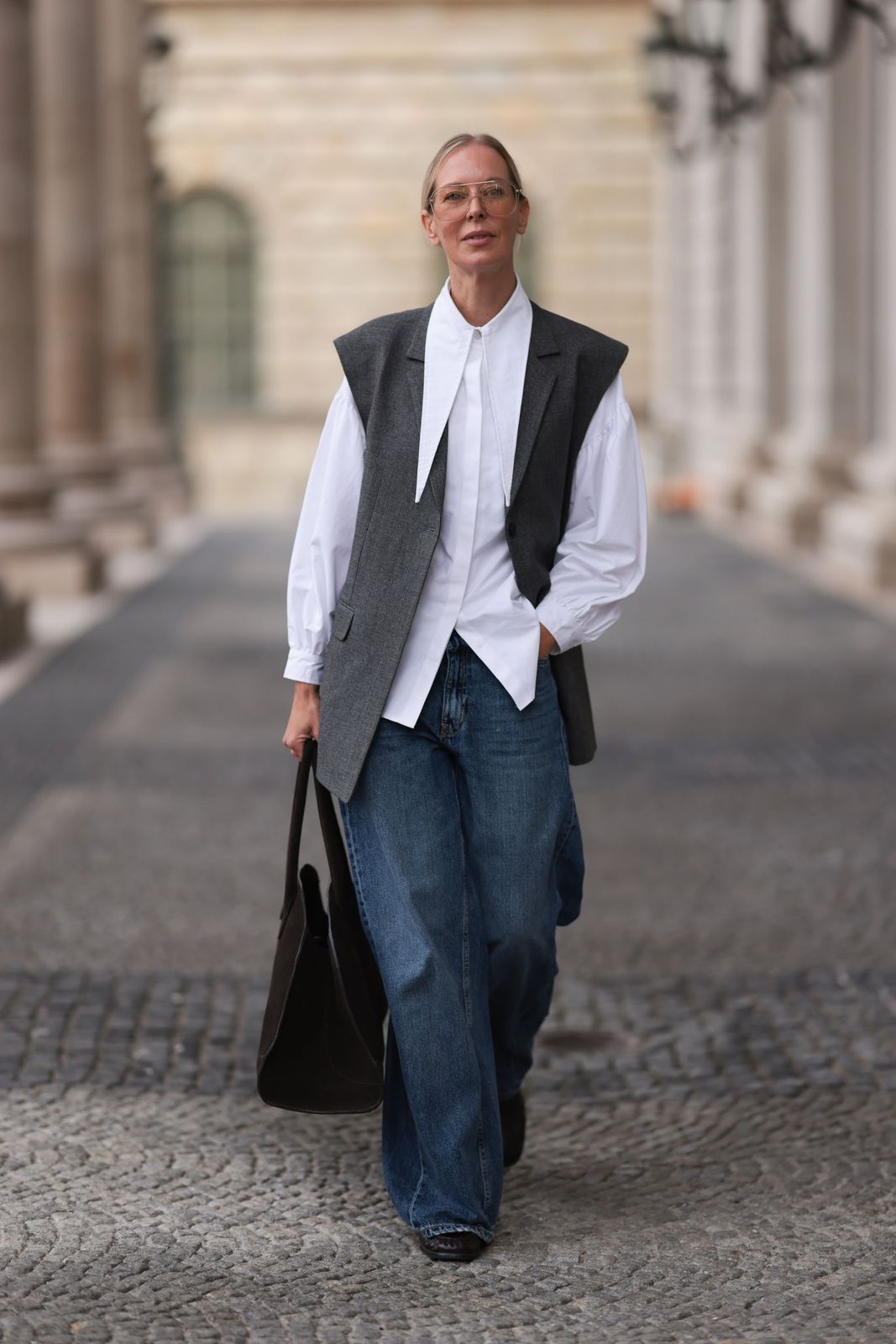 Grey Textured Vest with Oversized Shirt and Jeans Grey Textured Vest with Oversized Shirt and Jeans — Vest Outfits 2027