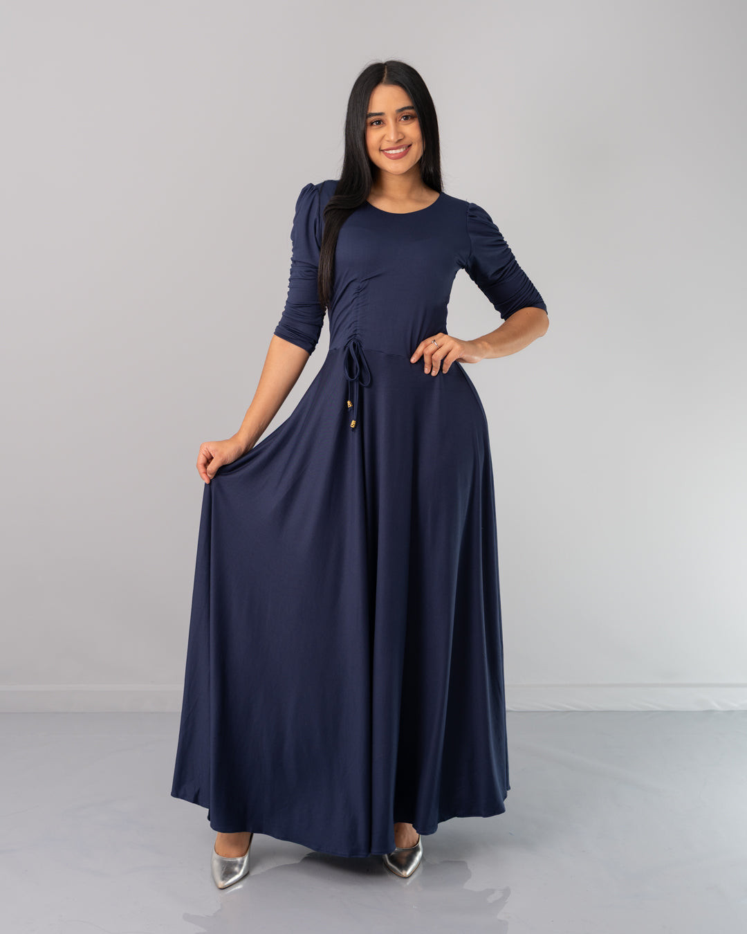 Navy Blue Jersey Maxi Dress with Gathered Waist Detail Navy Blue Jersey Maxi Dress with Gathered Waist Detail — Church Dresses 2027