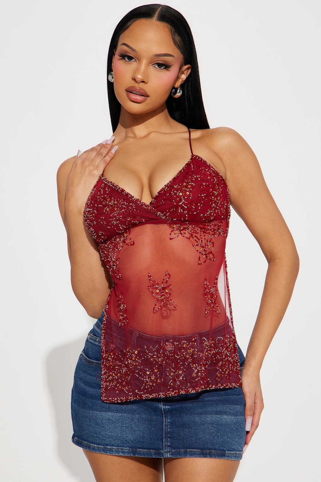 Sheer Red Beaded Camisole with Denim Sheer Red Beaded Camisole with Denim — Beaded Top Outfits 2027