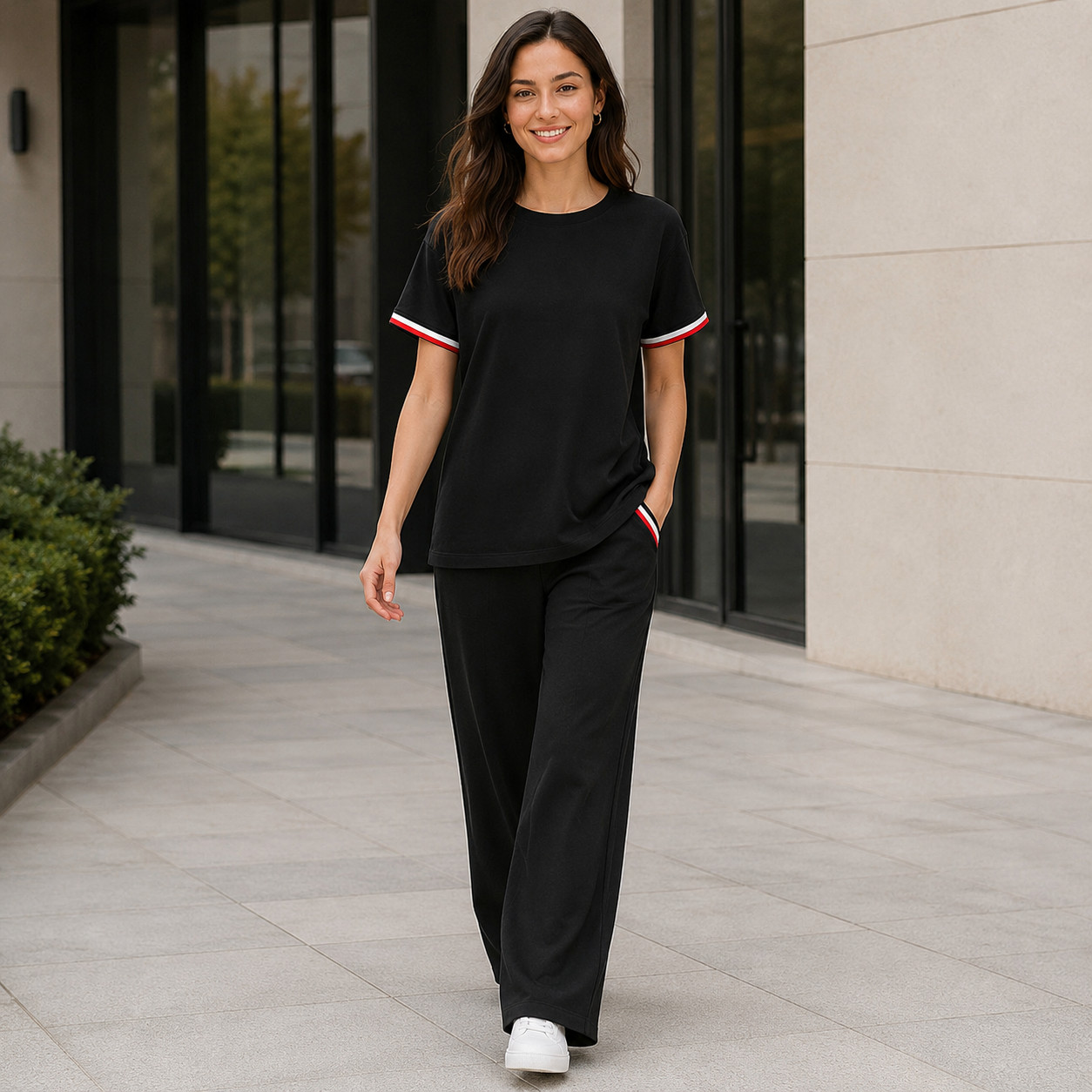 Casual Black T-Shirt and Striped Cuff Trouser Set Casual Black T-Shirt and Striped Cuff Trouser Set — Matching Set Outfits 2027