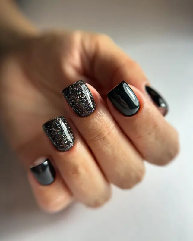 Glossy Black with Glitter Accents Glossy Black with Glitter Accents — Dark Nails 2027