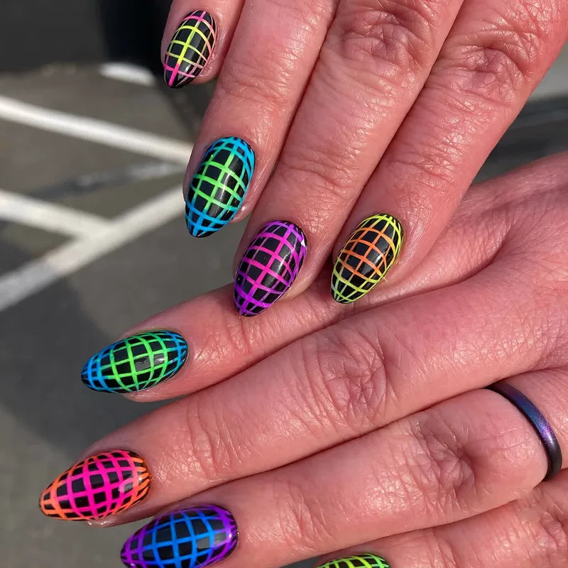 Neon Grid Pattern On All Nails Visual Idea Neon Grid Pattern On All Nails Visual Idea — Abstract Nails 2027