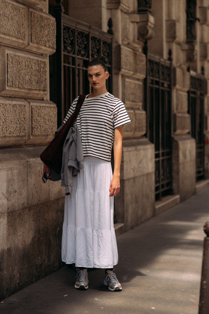 Tiered Maxi Skirt with Striped Tee and Grey Sneakers Tiered Maxi Skirt with Striped Tee and Grey Sneakers — Spring Outfits 2027 with Sneakers