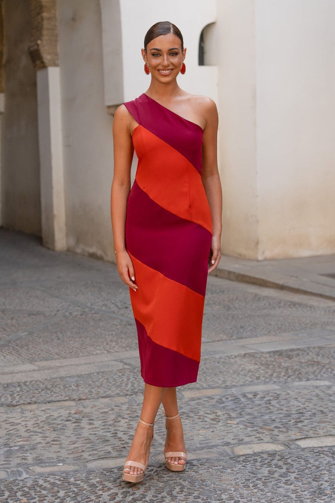 Burgundy and Orange Colorblock One-Shoulder Midi Dress Burgundy and Orange Colorblock One-Shoulder Midi Dress — Graduation Outfits 2027