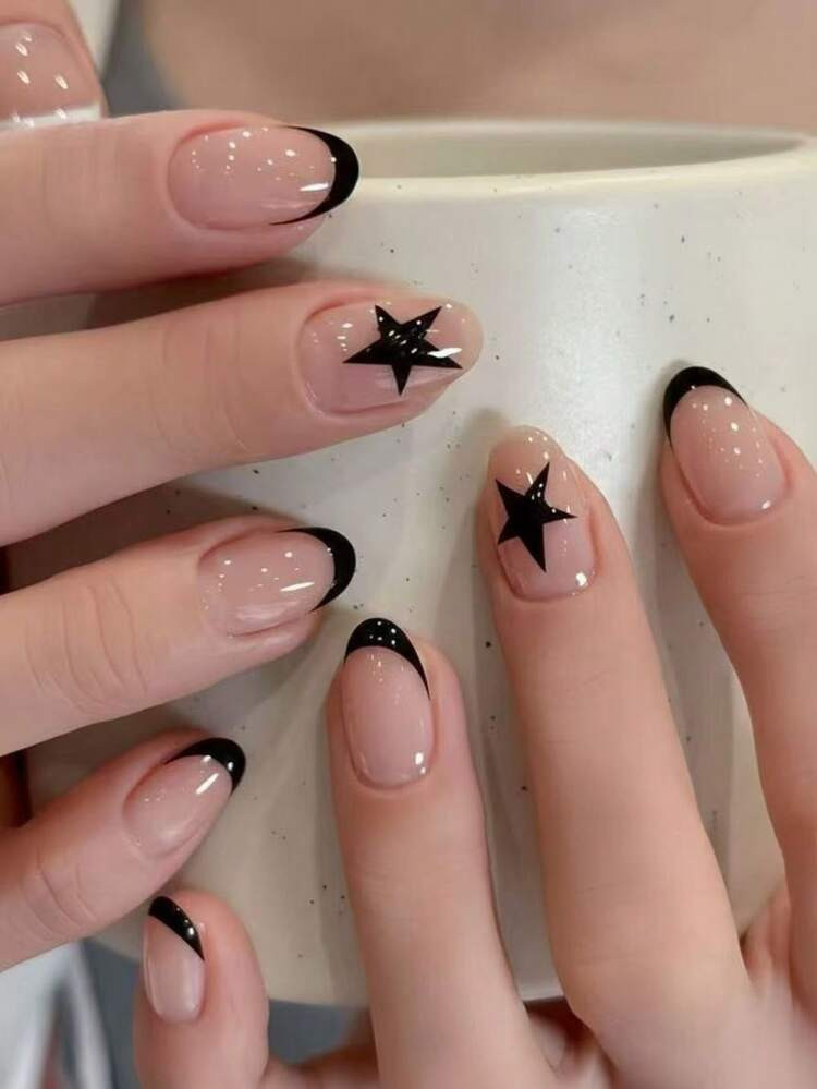 Nude With Black French Tips and Stars Nude With Black French Tips and Stars — Nails 2027 for Everyday