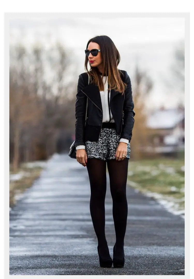 Sequined Shorts and Moto Jacket with Sheer Black Tights — Sheer Tights Outfits 2027