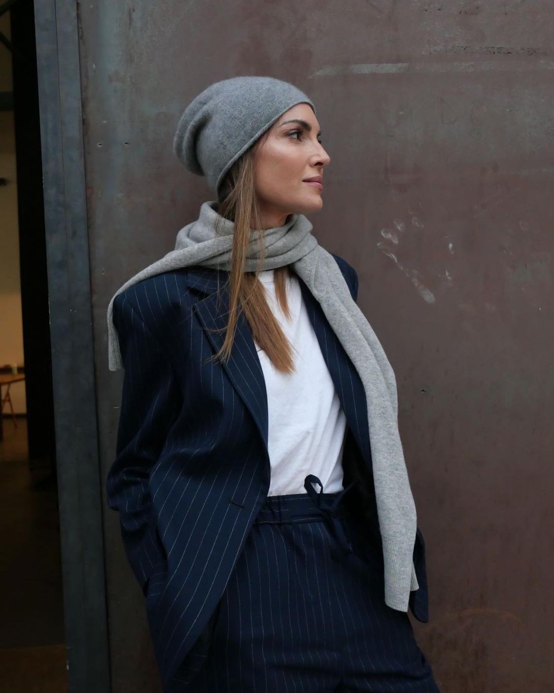 Pinstripe Suit with Knit Accessories Pinstripe Suit with Knit Accessories — New Balance Outfits 2027