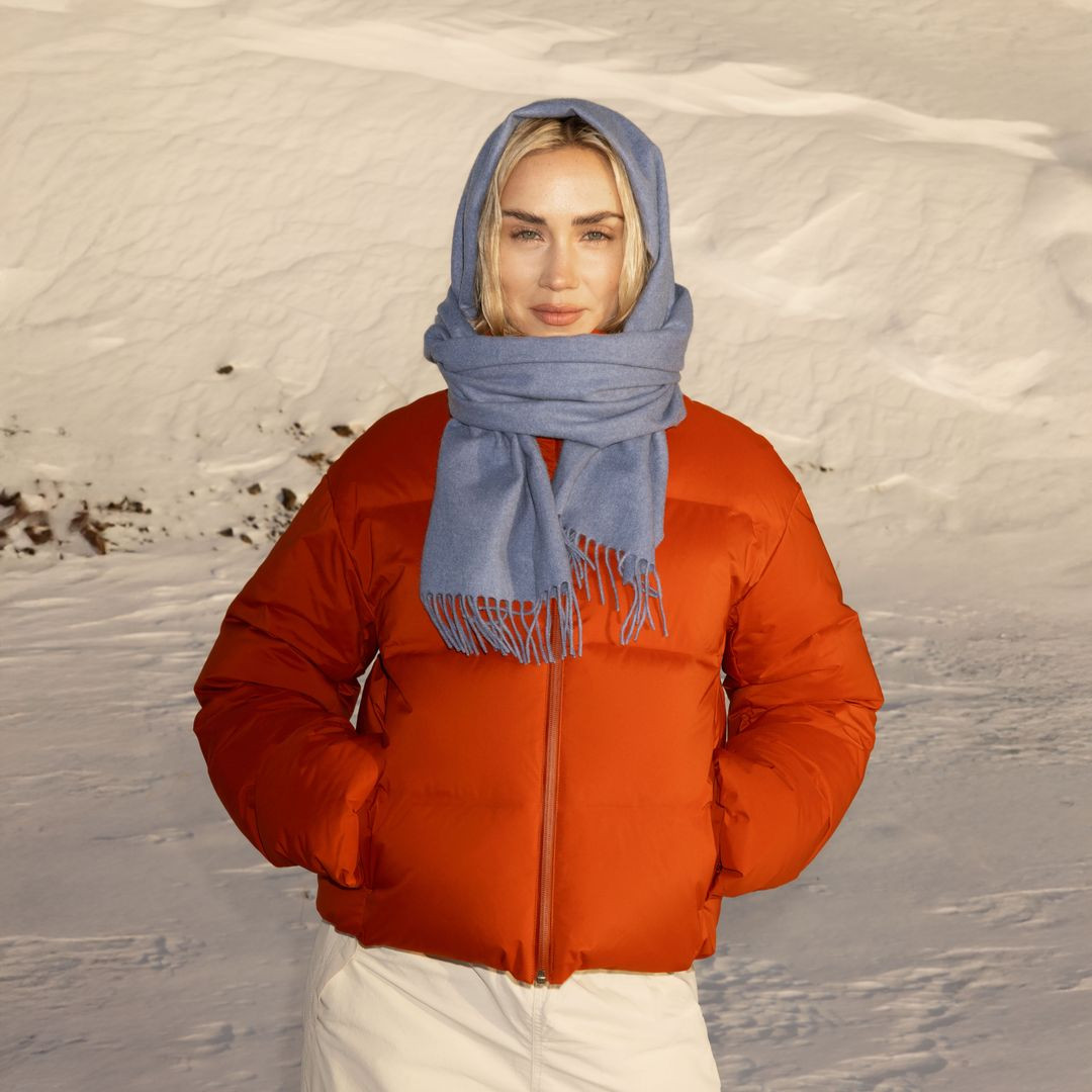 Vibrant Orange Puffer with Headscarf — Winter Outfits 2027 with Puffer