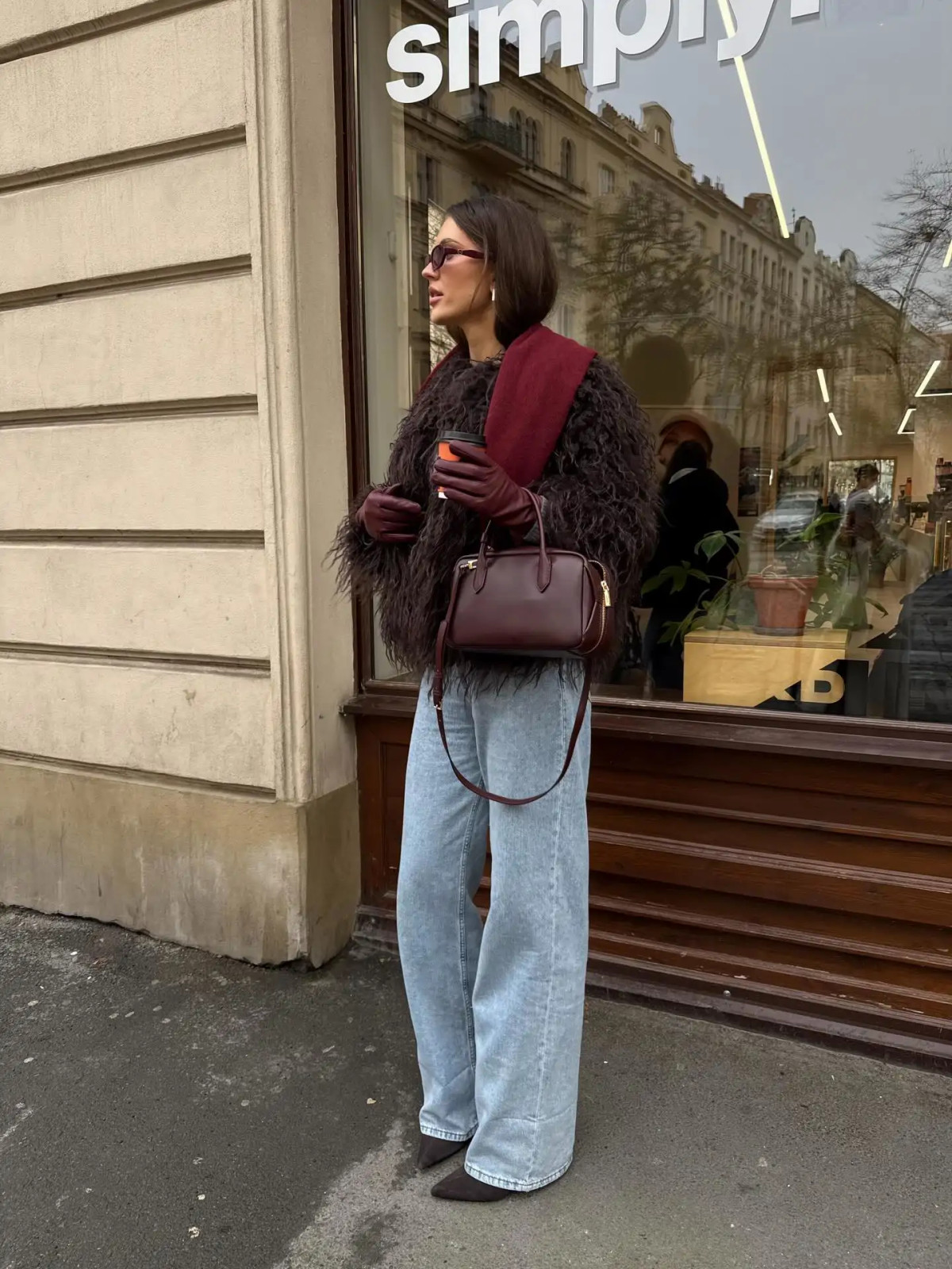 Textured Faux Fur Jacket with Burgundy Accents — French Girl Outfits 2027