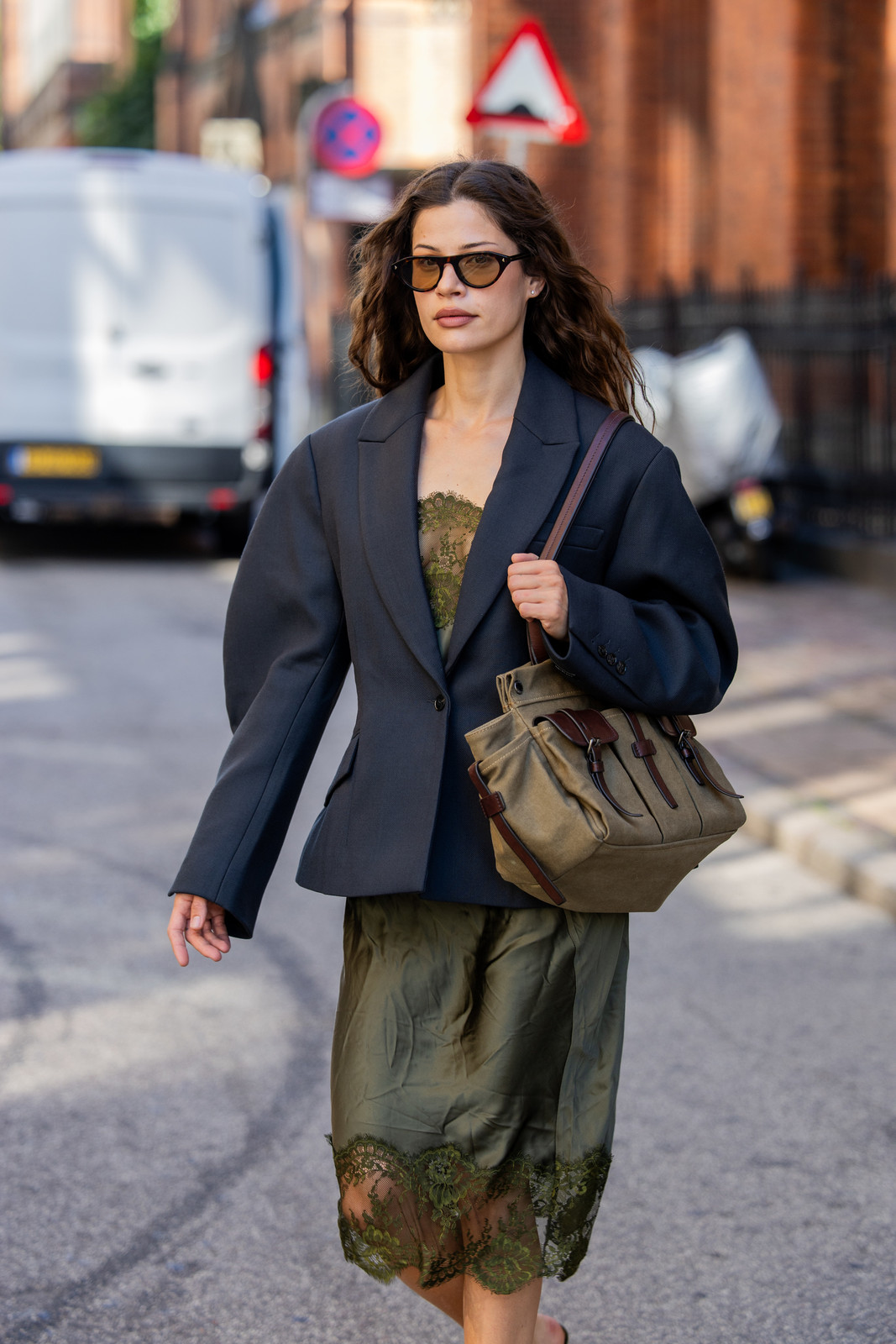 Lace Camisole and Olive Slip Skirt Under a Chic Oversized Blazer — Slip Skirt Outfits 2027