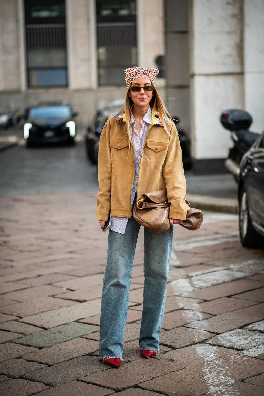 Red Heels and Suede Jacket with Light Blue Wide-Leg Jeans — Wide Leg Jeans Outfits 2027