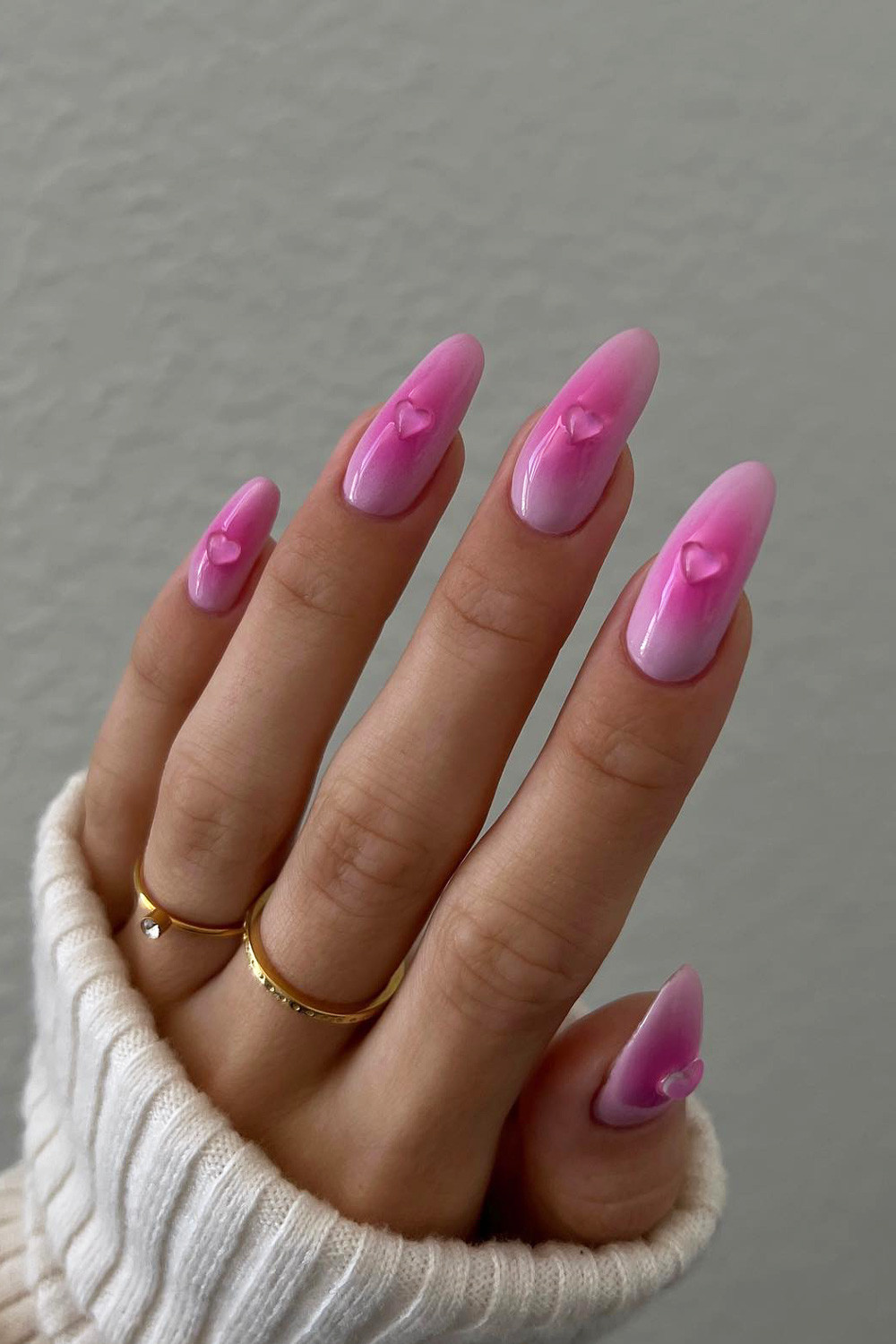 3D Pink Heart Medium Almond Ombré Nails — Nails 2027 for Teens