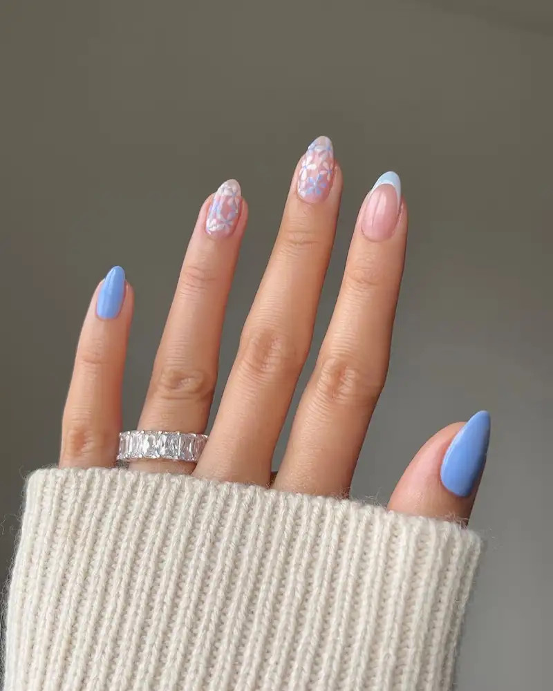 Pink Floral Decals and Blue Nails Pink Floral Decals and Blue Nails — Graduation Nails 2027