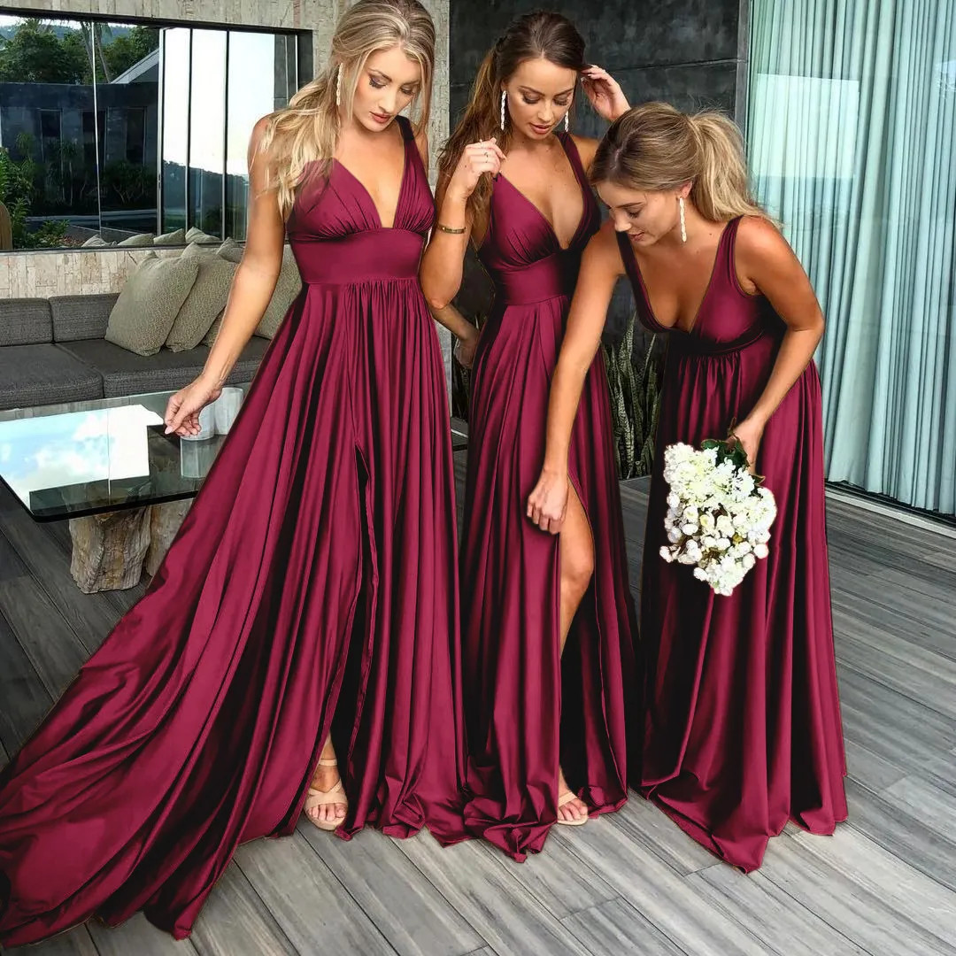 Burgundy Satin Dresses with Deep V-Necklines and High Slits — Satin Bridesmaid Dresses 2027