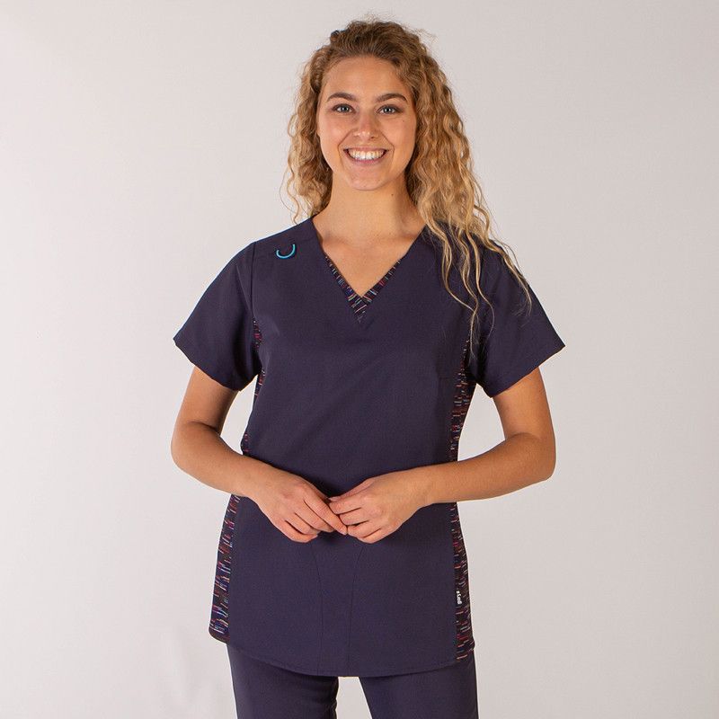 Navy Scrub Set with Colorful Striped Trim — Nurse Outfits 2027