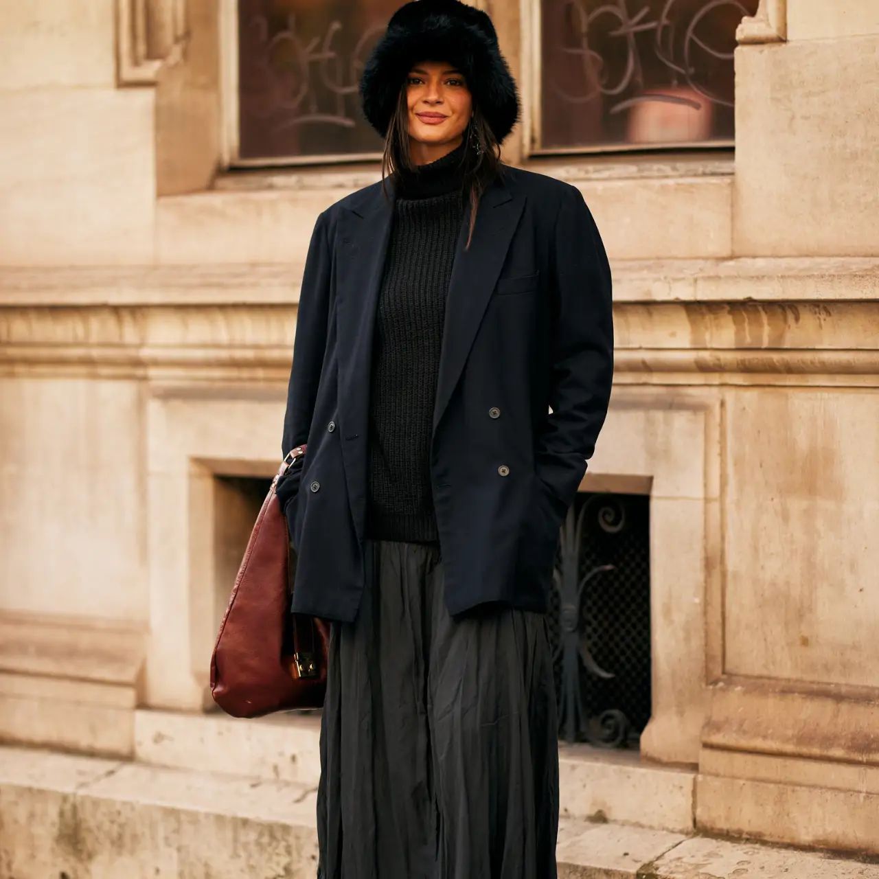 Navy Blazer and Maxi Skirt with a Fur Hat Navy Blazer and Maxi Skirt with a Fur Hat — Everyday Outfits 2027