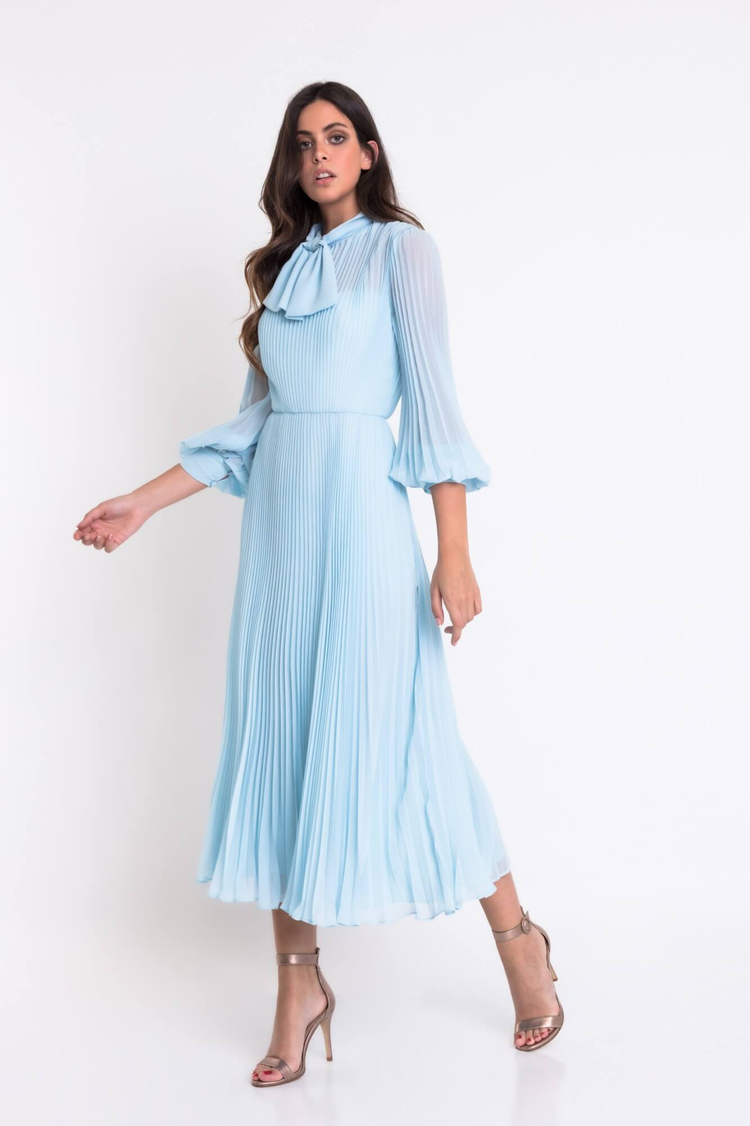 Light Blue Pleated Midi Dress with Pussy Bow Detail Light Blue Pleated Midi Dress with Pussy Bow Detail — Pleated Dress 2027