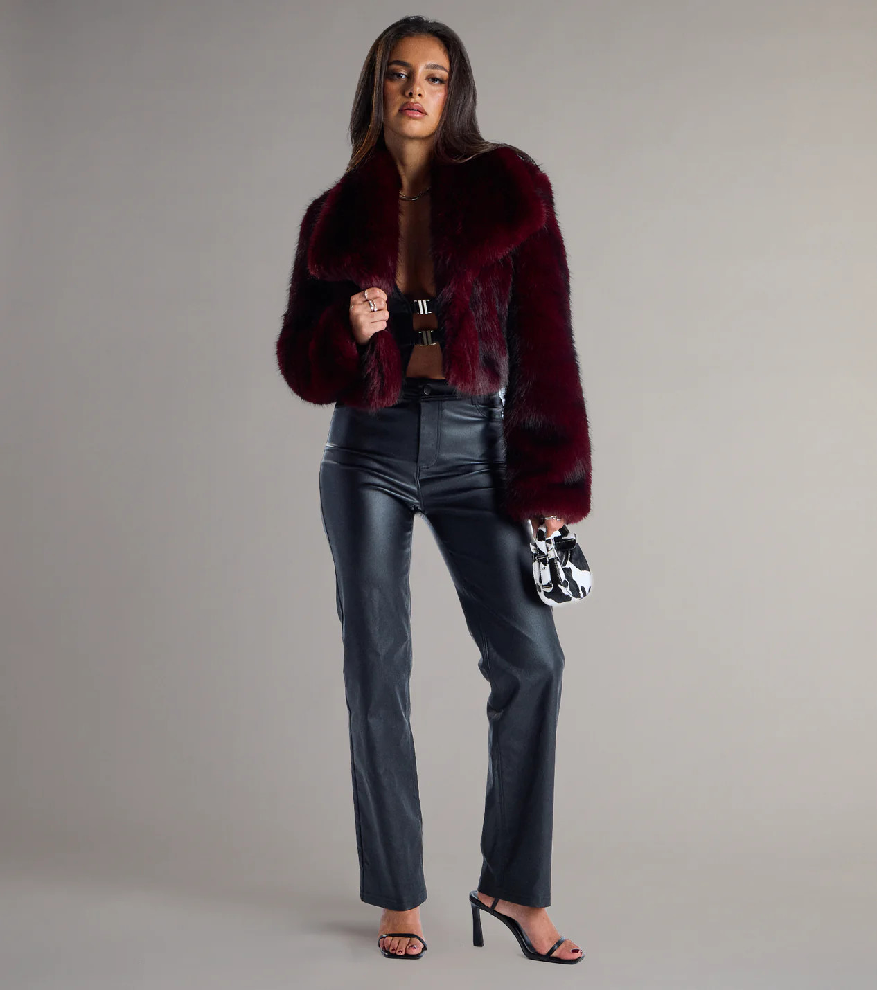 Burgundy Faux Fur Jacket with Faux Leather Pants and Bra Top Burgundy Faux Fur Jacket with Faux Leather Pants and Bra Top — Faux Fur Outfits 2027