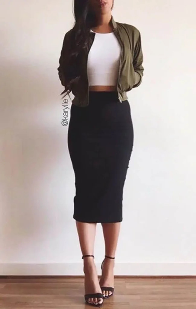 Tube Top Under Bomber Jacket with Pencil Skirt Tube Top Under Bomber Jacket with Pencil Skirt — Tube Top Outfits 2027