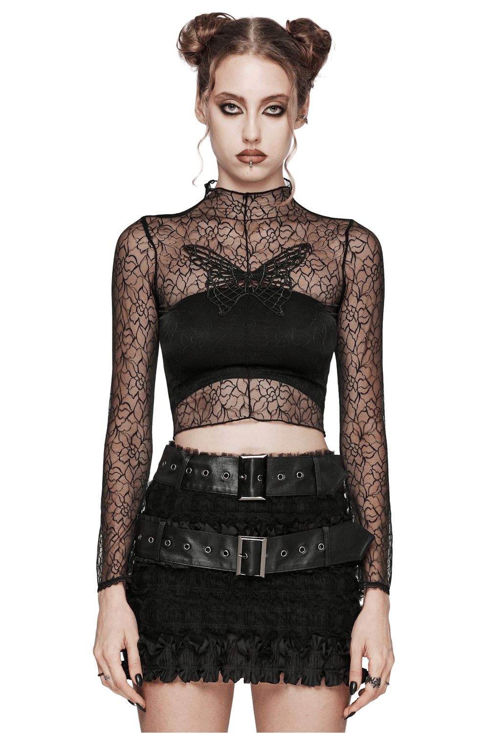 Gothic Butterfly Applique Mesh Top With Lace Bra — Mesh Top Outfits 2027