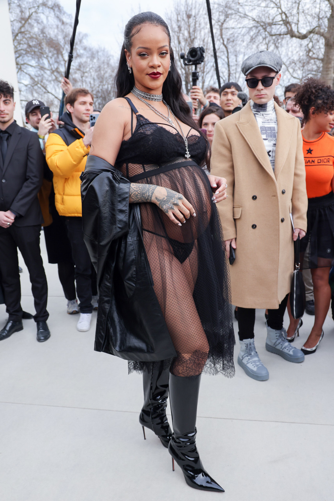 Bold Maternity Evening: Sheer Negligee Dress with Leather Coat Bold Maternity Evening: Sheer Negligee Dress with Leather Coat — Maternity Outfits 2027