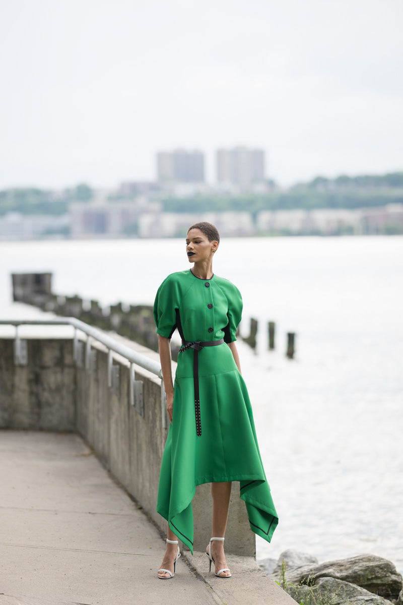 Bright Green Dress with Puff Sleeves and Asymmetric Hem Bright Green Dress with Puff Sleeves and Asymmetric Hem — Savannah Outfits 2027