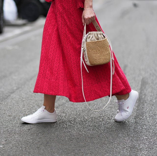 Red Lace A-Line Dress With White Sneakers Red Lace A-Line Dress With White Sneakers — Sneakers 2027 with Dress Outfits