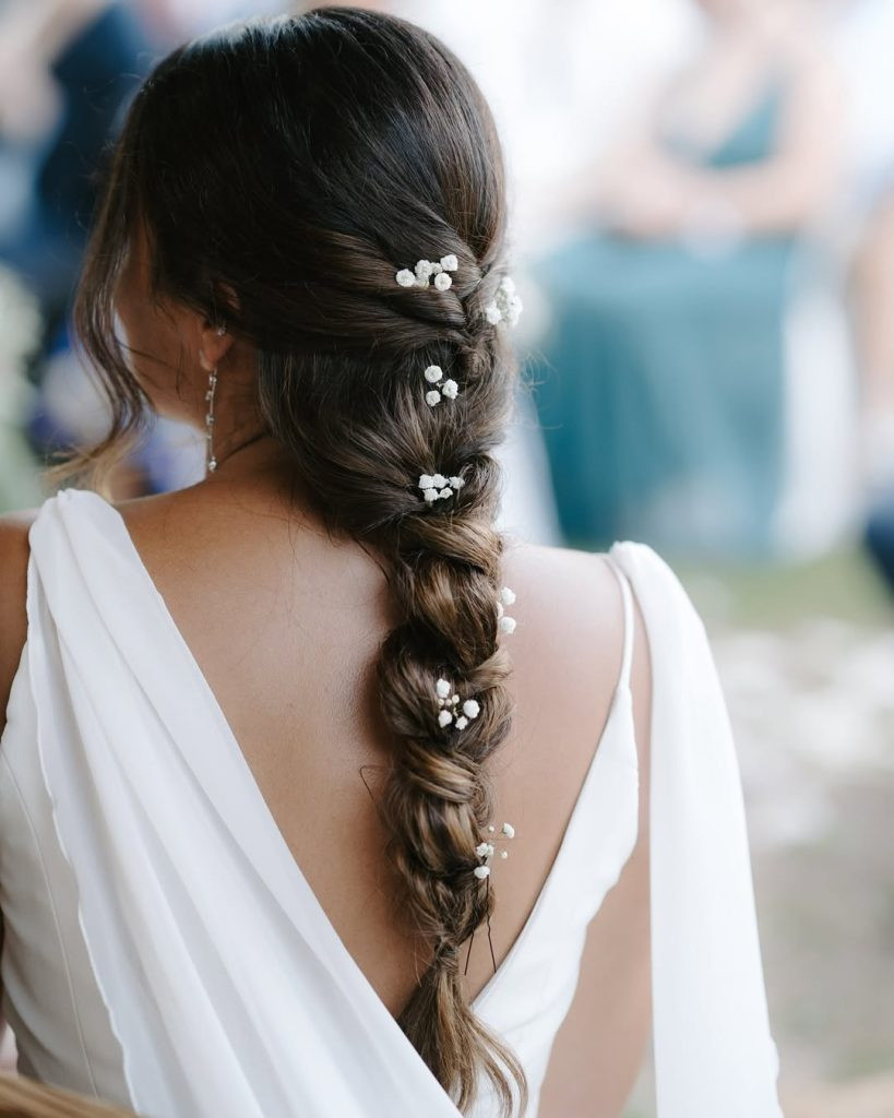 Dark Brown Fishtail Braid With Flowers — Prom Hairstyles 2027