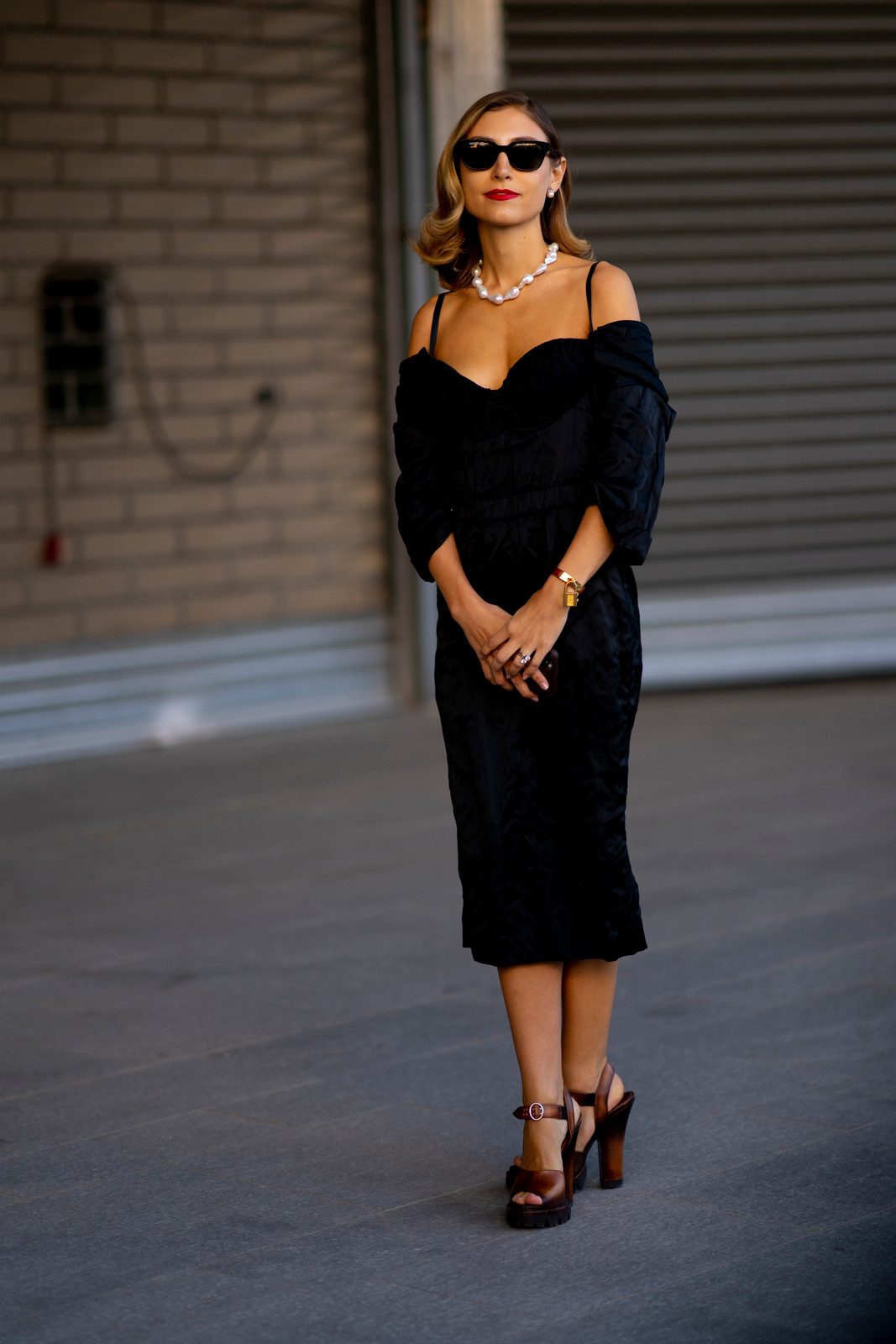 Elegant Black Off-the-Shoulder Dress with Platform Sandals Elegant Black Off-the-Shoulder Dress with Platform Sandals — Summer Outfits 2027 with Sandals