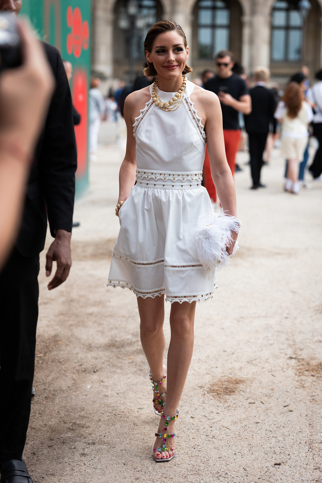 White A-Line Mini Dress with Eyelet Details and Embellished Sandals — Mini Dresses 2027