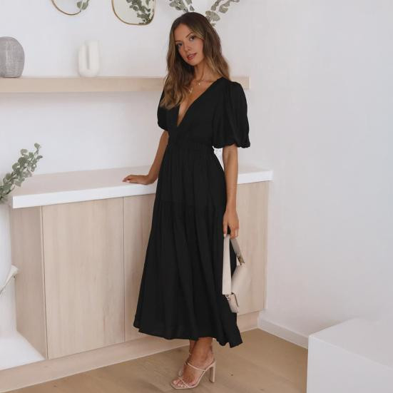 Black Crepe Tiered Midi Dress with Deep V-Neck and Puff Sleeves Black Crepe Tiered Midi Dress with Deep V-Neck and Puff Sleeves — Tiered Dresses 2027