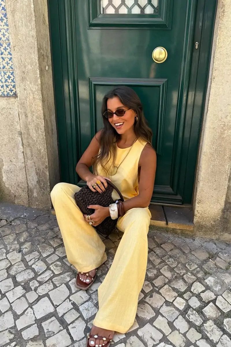 Yellow Linen Sleeveless Top and Wide-Leg Pants with Brown Sandals Yellow Linen Sleeveless Top and Wide-Leg Pants with Brown Sandals — Linen Shorts Outfits 2027