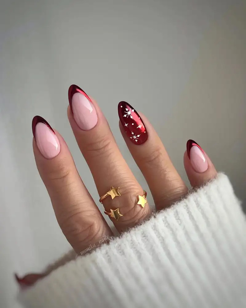Red Metallic French with Snowflake Accents Red Metallic French with Snowflake Accents — Burgundy Christmas Nails 2026