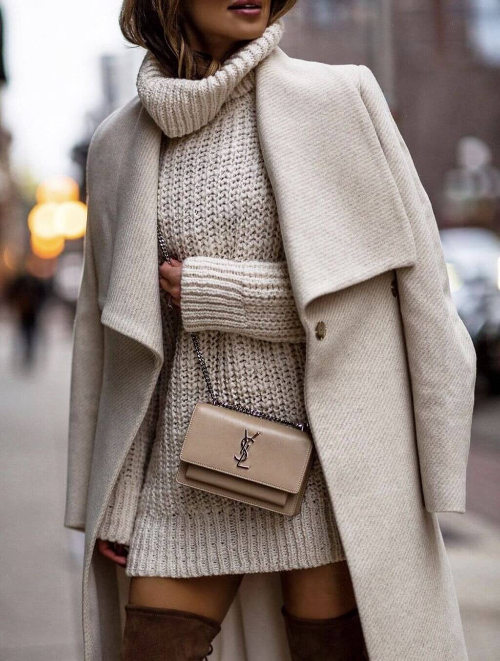 Cream Wool Coat Over Chunky Knit Turtleneck Sweater Dress Cream Wool Coat Over Chunky Knit Turtleneck Sweater Dress — Winter Neutral Outfits 2027