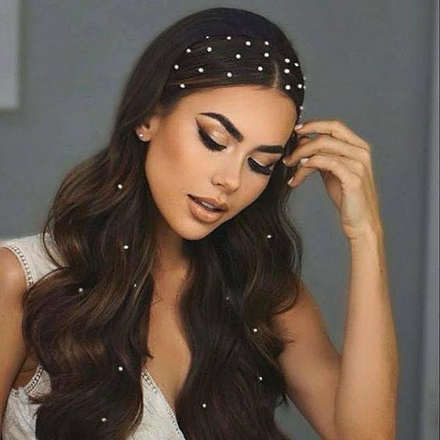 Glamorous Dark Brown Waves With Pearls — Christmas Hairstyles 2026