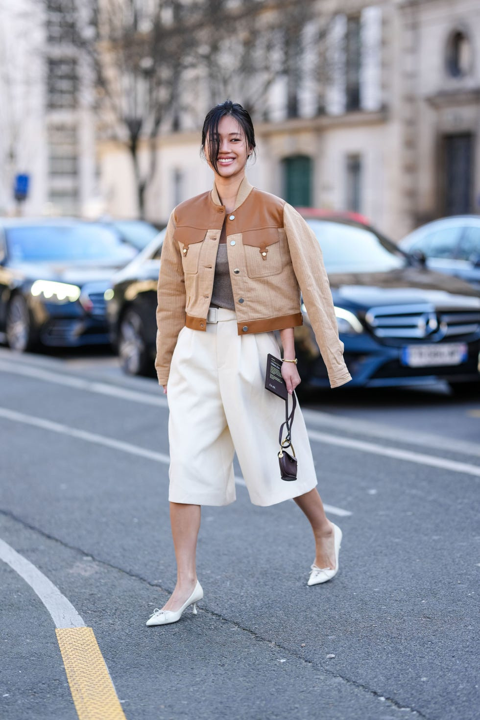 Two-Tone Jacket with White Culottes and Pointed-Toe Flats — French Girl Outfits 2027